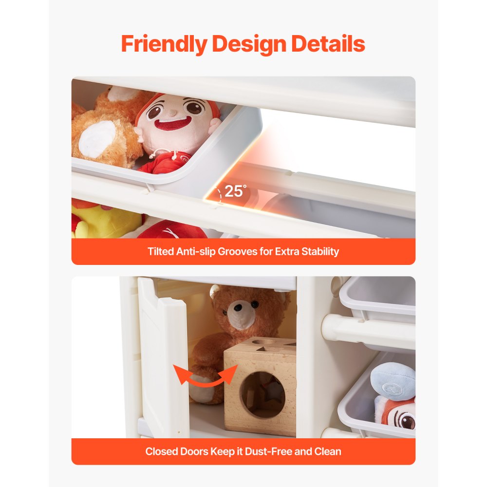 VEVOR Kids Toy Storage with Bookshelf, 4-Tier Toy Storage Organizer with 10 Movable Plastic Bins, Kids Cubby Cabinet with Bookshelf for Study Room, Bedroom, Playroom, Classroom, Nursery, Gray + Beige