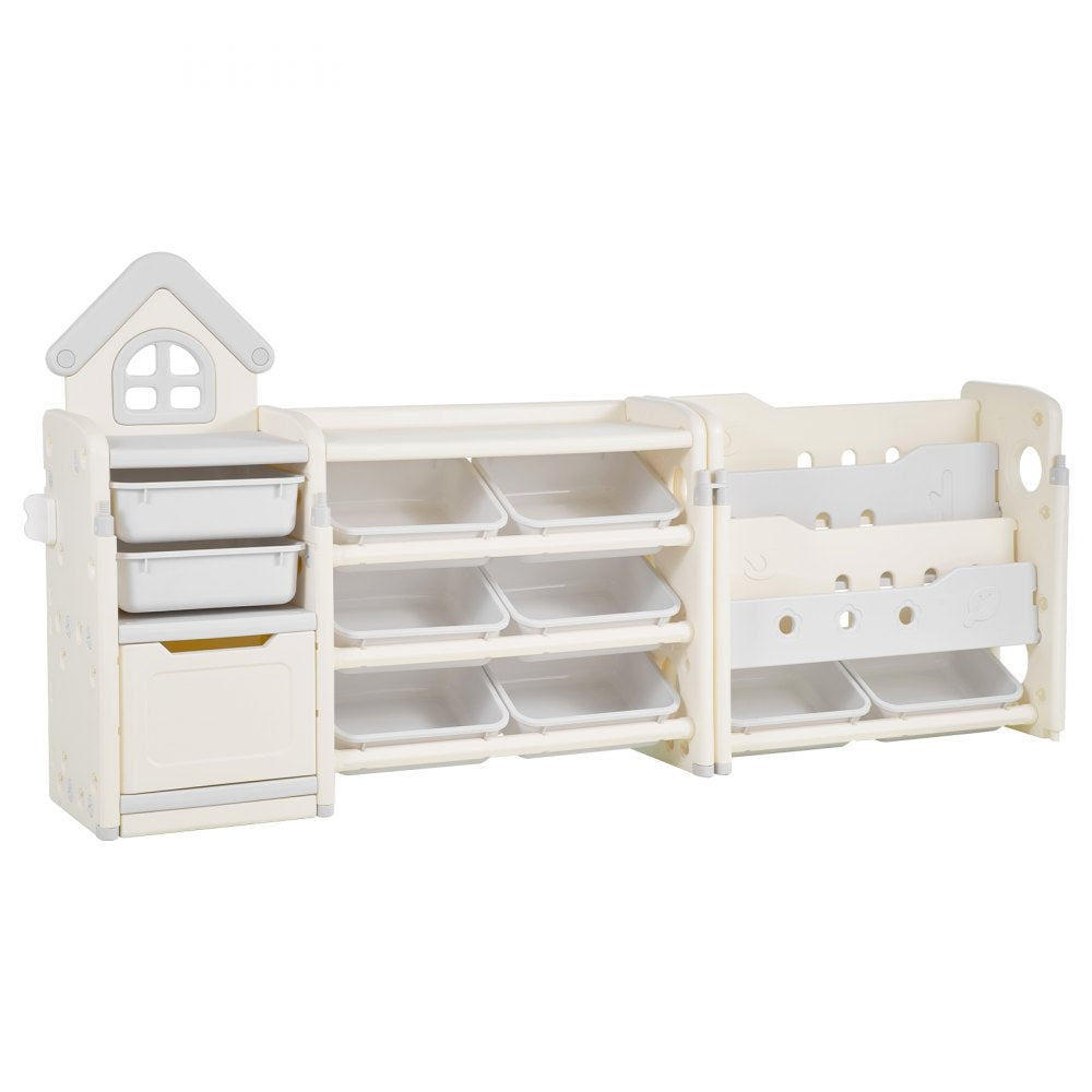VEVOR Kids Toy Storage with Bookshelf, 4-Tier Toy Storage Organizer with 10 Movable Plastic Bins, Kids Cubby Cabinet with Bookshelf for Study Room, Bedroom, Playroom, Classroom, Nursery, Gray + Beige