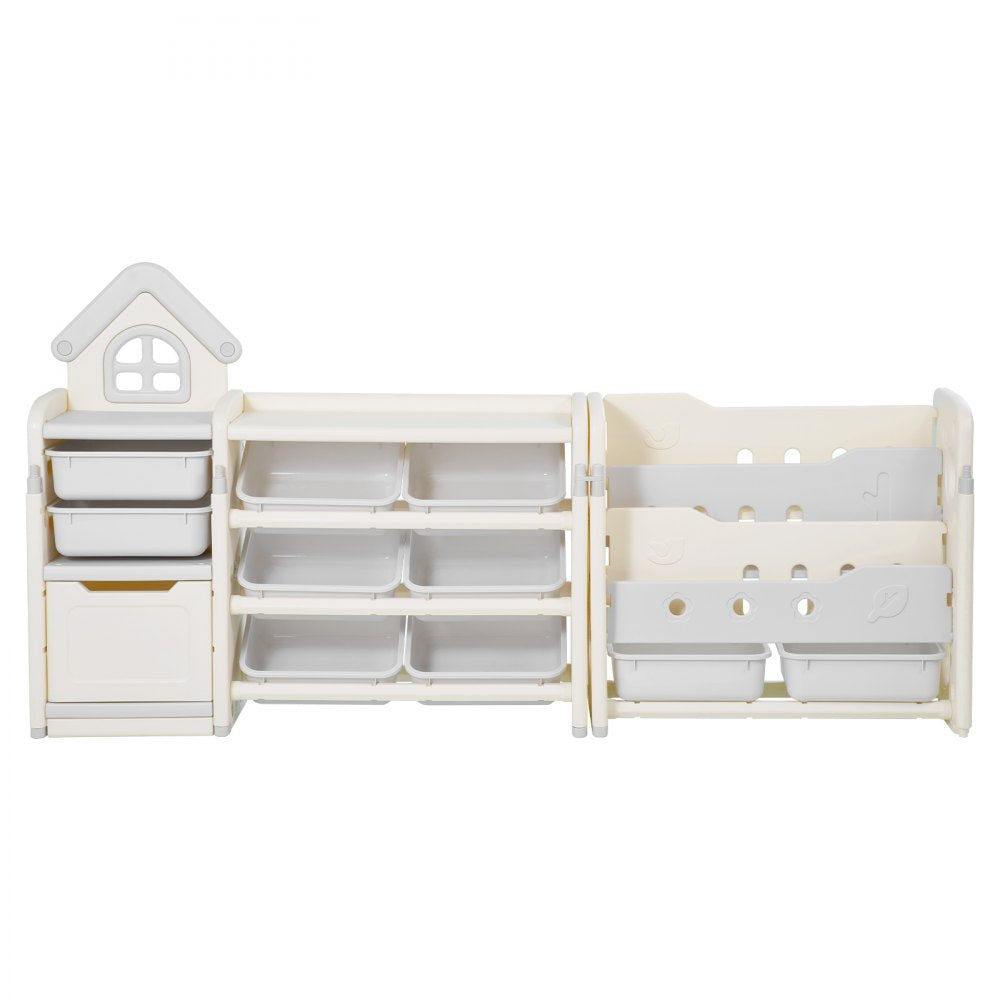 VEVOR Kids Toy Storage with Bookshelf, 4-Tier Toy Storage Organizer with 10 Movable Plastic Bins, Kids Cubby Cabinet with Bookshelf for Study Room, Bedroom, Playroom, Classroom, Nursery, Gray + Beige
