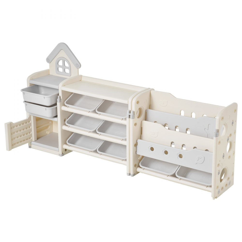 VEVOR Kids Toy Storage with Bookshelf, 4-Tier Toy Storage Organizer with 10 Movable Plastic Bins, Kids Cubby Cabinet with Bookshelf for Study Room, Bedroom, Playroom, Classroom, Nursery, Gray + Beige