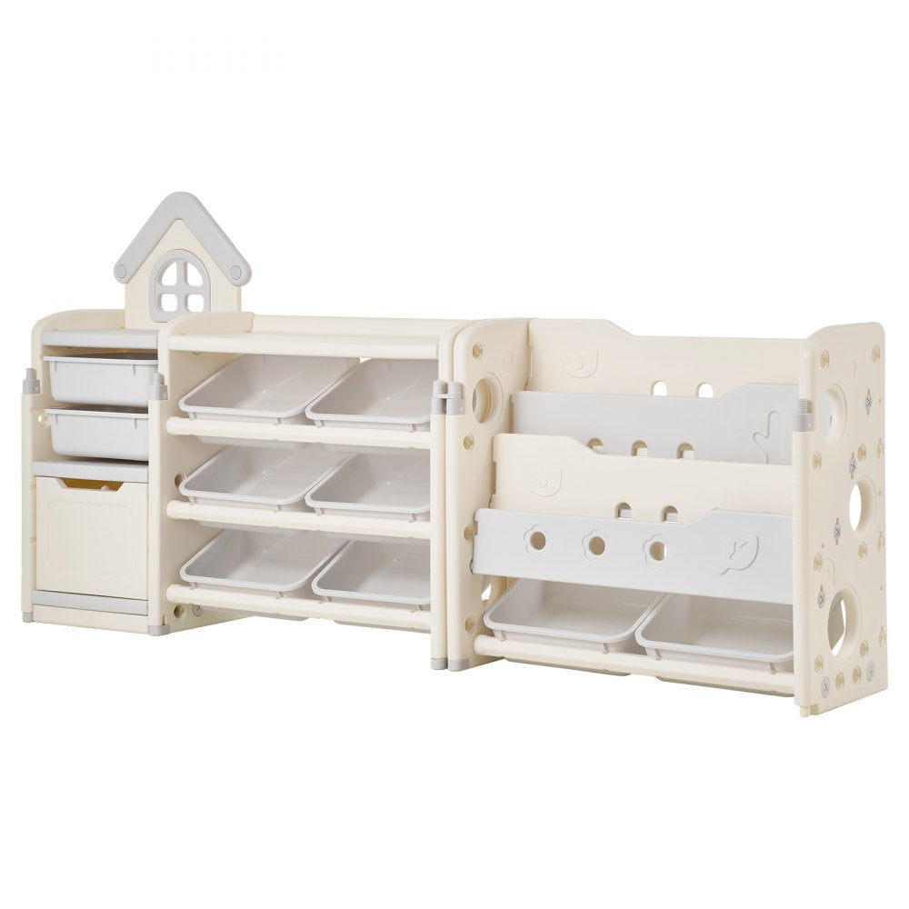 VEVOR Kids Toy Storage with Bookshelf, 4-Tier Toy Storage Organizer with 10 Movable Plastic Bins, Kids Cubby Cabinet with Bookshelf for Study Room, Bedroom, Playroom, Classroom, Nursery, Gray + Beige