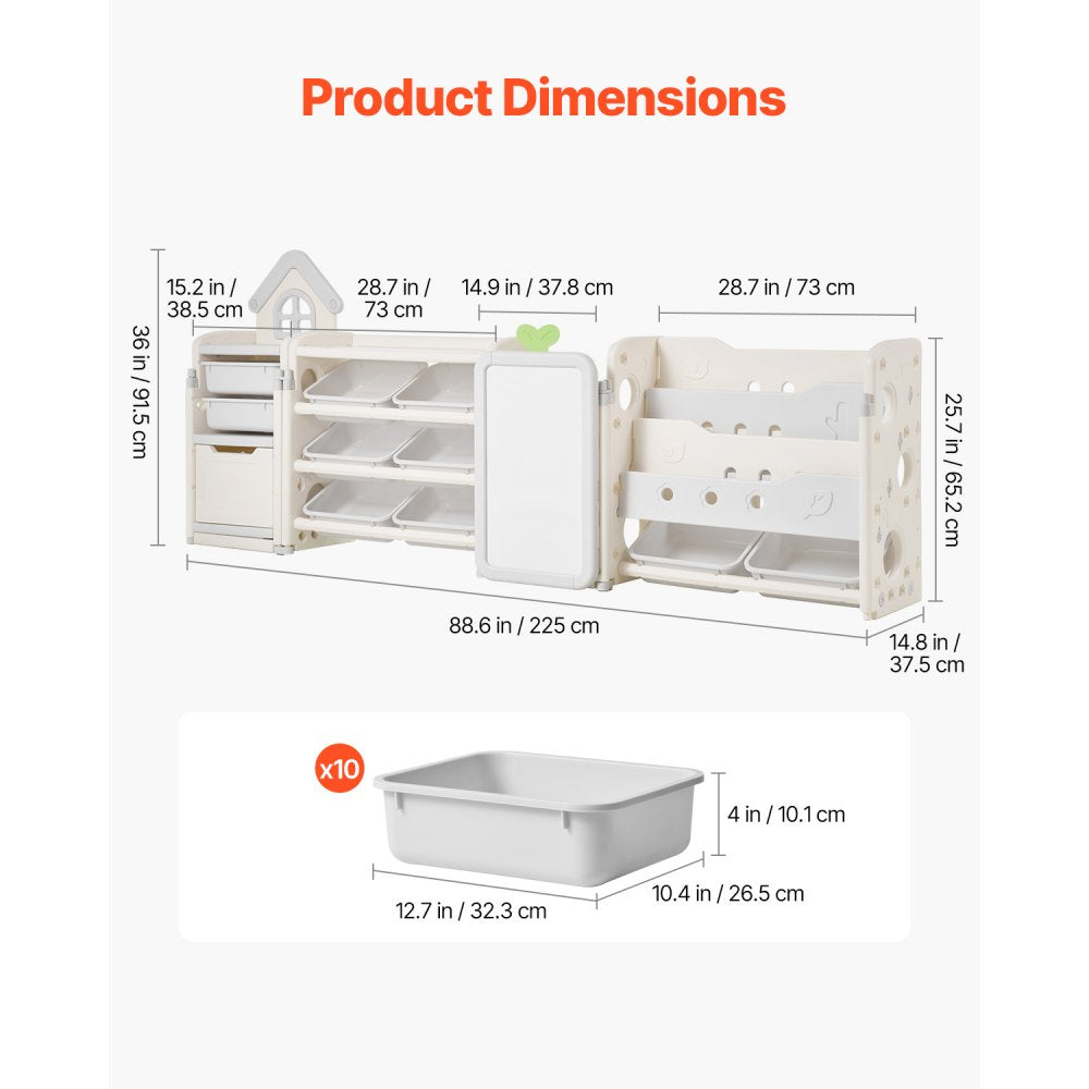 VEVOR Kids Toy Storage with Bookshelf, 4-Tier Large Toy Storage Organizer with 10 Plastic Movable Bins, Kids Cubby Cabinet with Bookshelf and Drawing Board for Study Room, Playroom, Classroom, Nursery