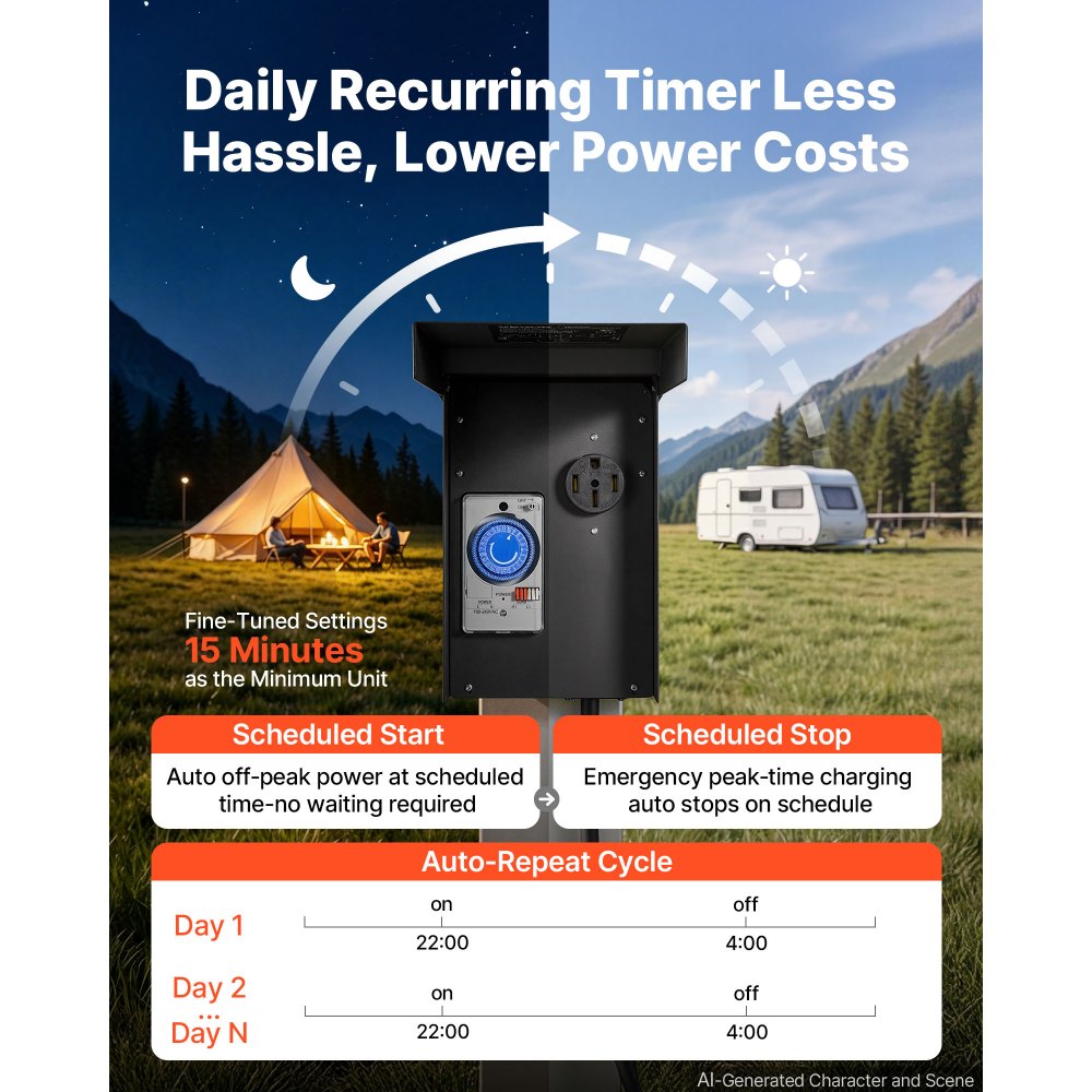 VEVOR 50 Amp RV Power Outlet Box with Timer NEMA 14-50R Receptacle 250V, for RV EV Camper Trailer Electric Car, Easy Installation, Lockable Enclosed Outdoor Electrical Panel, NEMA 3R Weatherproof