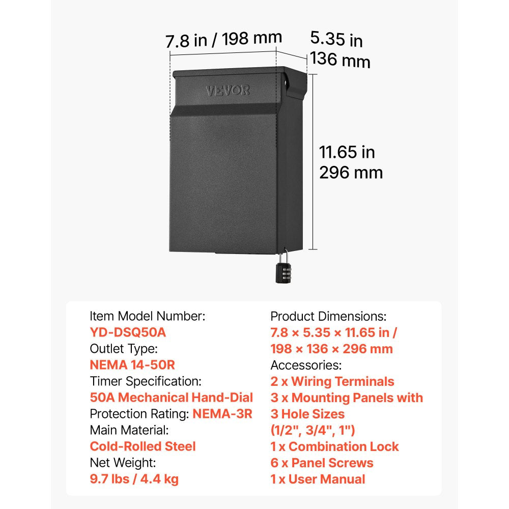 VEVOR 50 Amp RV Power Outlet Box with Timer NEMA 14-50R Receptacle 250V, for RV EV Camper Trailer Electric Car, Easy Installation, Lockable Enclosed Outdoor Electrical Panel, NEMA 3R Weatherproof