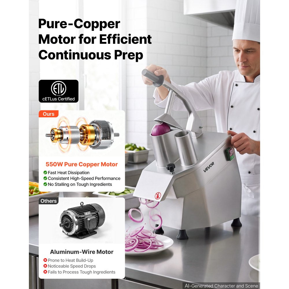 VEVOR Commercial Food Processor 550W Electric Vegetable Cutter with 3 Discs, for Chopping Vegetables Fruit, 2 Feeding Holes, 3 mm Shreds 4 mm Slices 8 mm Strips, Potato Slicer, with Cast Aluminum Body