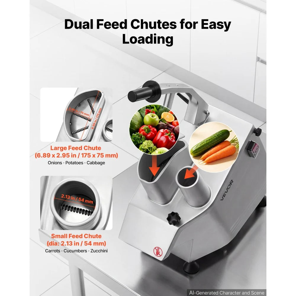 VEVOR Commercial Food Processor 550W Electric Vegetable Cutter with 3 Discs, for Chopping Vegetables Fruit, 2 Feeding Holes, 3 mm Shreds 4 mm Slices 8 mm Strips, Potato Slicer, with Cast Aluminum Body