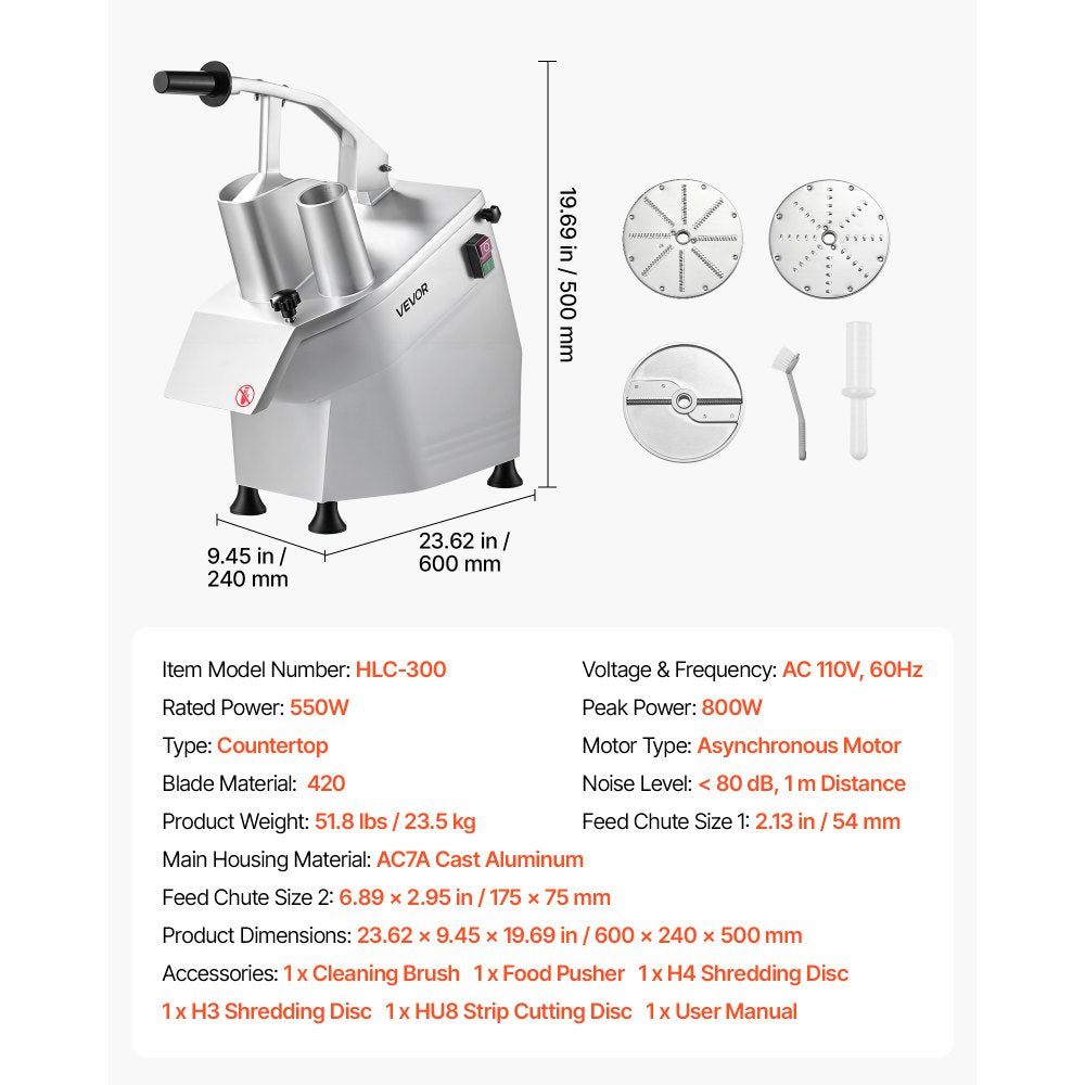 VEVOR Commercial Food Processor 550W Electric Vegetable Cutter with 3 Discs, for Chopping Vegetables Fruit, 2 Feeding Holes, 3 mm Shreds 4 mm Slices 8 mm Strips, Potato Slicer, with Cast Aluminum Body