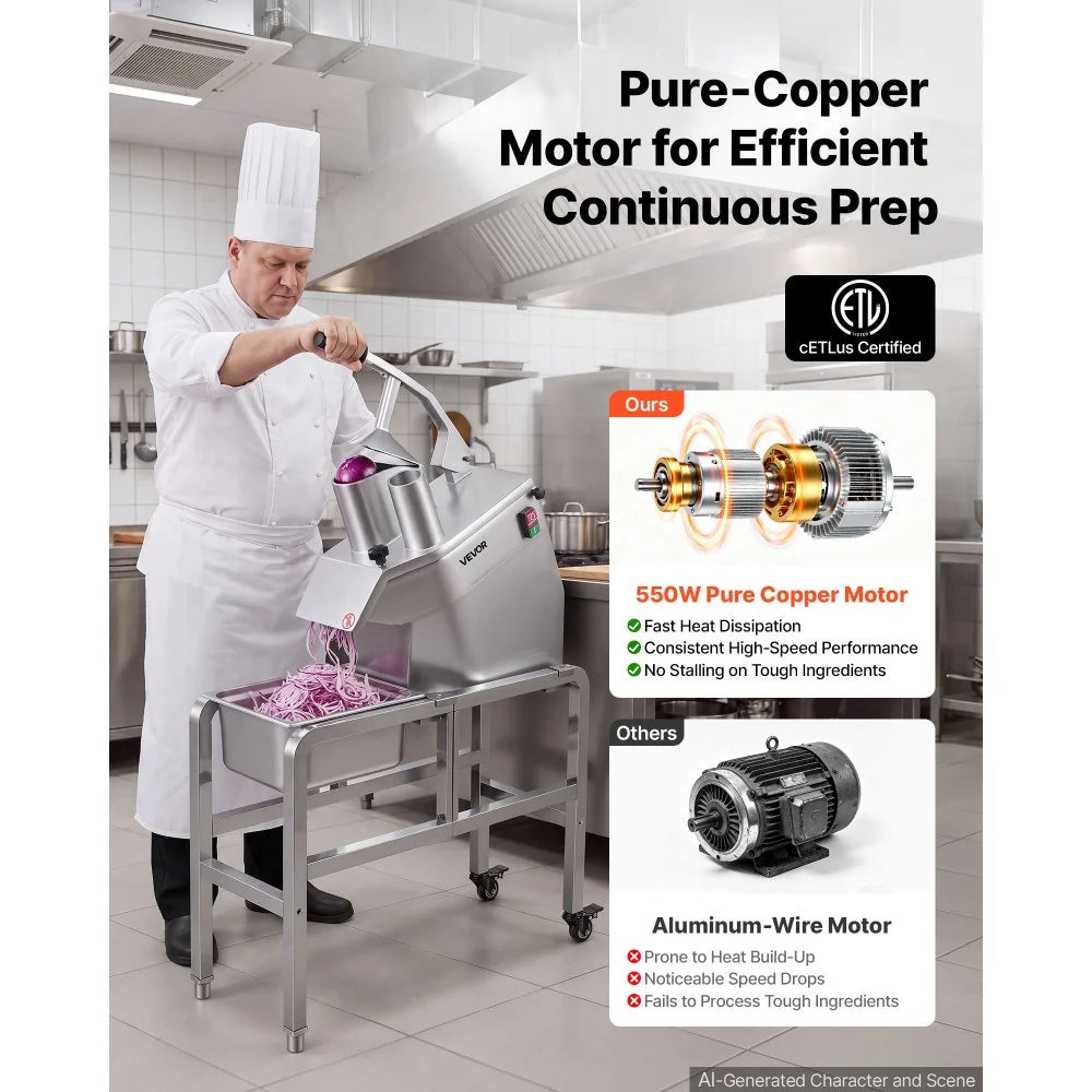 VEVOR Commercial Food Processor 550W Electric Vegetable Cutter with 5 Discs, for Chopping Vegetables Fruit, 2 Feeding Holes, 3 mm/4 mm/7 mm Shreds, 2 mm/4 mm Slices, Potato Slicer, with Floor Stand