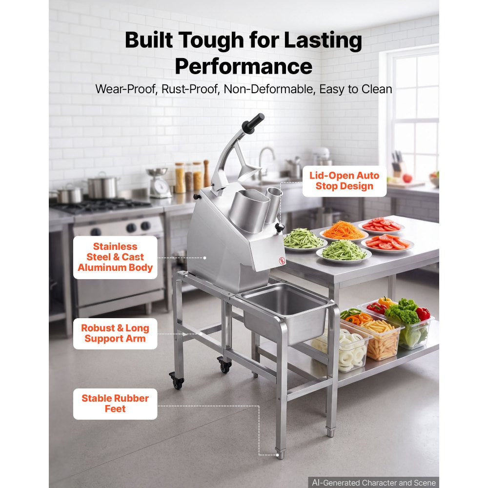 VEVOR Commercial Food Processor 550W Electric Vegetable Cutter with 5 Discs, for Chopping Vegetables Fruit, 2 Feeding Holes, 3 mm/4 mm/7 mm Shreds, 2 mm/4 mm Slices, Potato Slicer, with Floor Stand