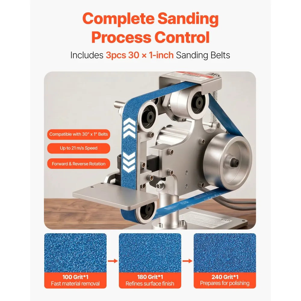 VEVOR Belt Grinder Sander with VFD, 30 x 1-Inch Variable Speed Belt Polisher, 550W Polishing Grinding Machine with 2 Grinding Modes & 3PCS Sanding Belts for Metalworking, Knife Making
