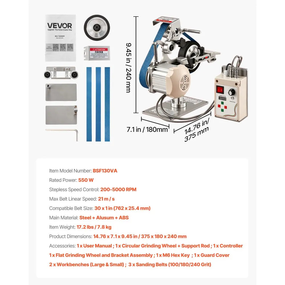 VEVOR Belt Grinder Sander with VFD, 30 x 1-Inch Variable Speed Belt Polisher, 550W Polishing Grinding Machine with 2 Grinding Modes & 3PCS Sanding Belts for Metalworking, Knife Making