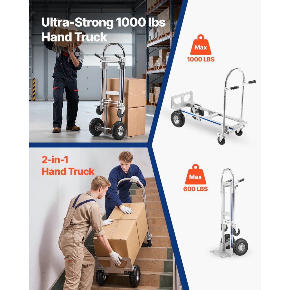 VEVOR 2 in 1 Hand Truck, 1000 lbs Load Capacity for 4-Wheel Mode, Convertible Hand Truck Dolly with Non-Slip Handle & Wheels, Portable Trolley Dolly for Moving Home, Office, Warehouse, Supermarket