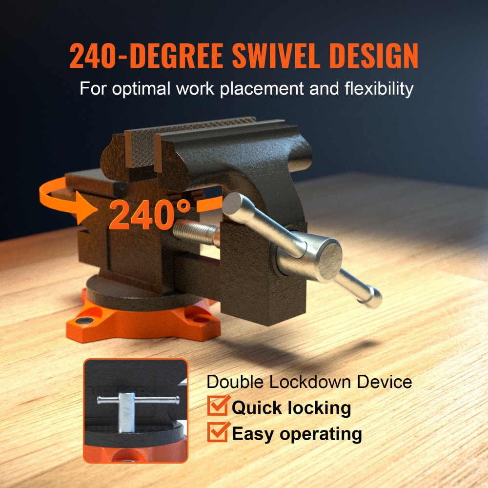 VEVOR Bench Vise, 4.5-inch Jaw Width 3.3-inch Jaw Opening , 240-Degree Swivel Locking Base Multipurpose Vise with Anvil, Heavy Duty Cast Iron Workbench Vise with Bolts & Nuts, for Drilling, Pipe Cutti