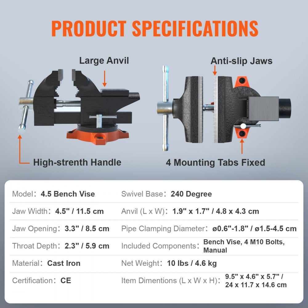 VEVOR Bench Vise, 4.5-inch Jaw Width 3.3-inch Jaw Opening , 240-Degree Swivel Locking Base Multipurpose Vise with Anvil, Heavy Duty Cast Iron Workbench Vise with Bolts & Nuts, for Drilling, Pipe Cutti
