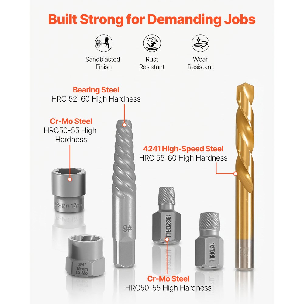 VEVOR Screw Extractor Set with Drill Bits, 65 Pieces, Easy Out Nut Bolt Extractors and Drill Bits, with Adapters, Solid Storage Case, Cr-Mo Steel for Removing Rounded, Broken, or Stripped Fasteners