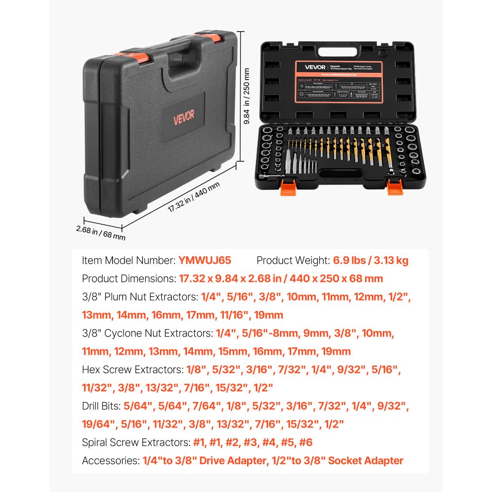 VEVOR Screw Extractor Set with Drill Bits, 65 Pieces, Easy Out Nut Bolt Extractors and Drill Bits, with Adapters, Solid Storage Case, Cr-Mo Steel for Removing Rounded, Broken, or Stripped Fasteners