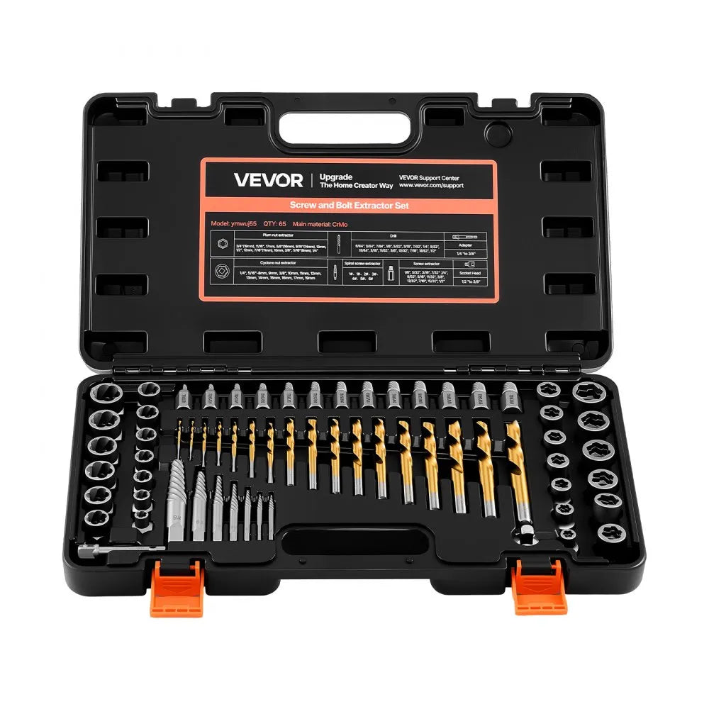 VEVOR Screw Extractor Set with Drill Bits, 65 Pieces, Easy Out Nut Bolt Extractors and Drill Bits, with Adapters, Solid Storage Case, Cr-Mo Steel for Removing Rounded, Broken, or Stripped Fasteners