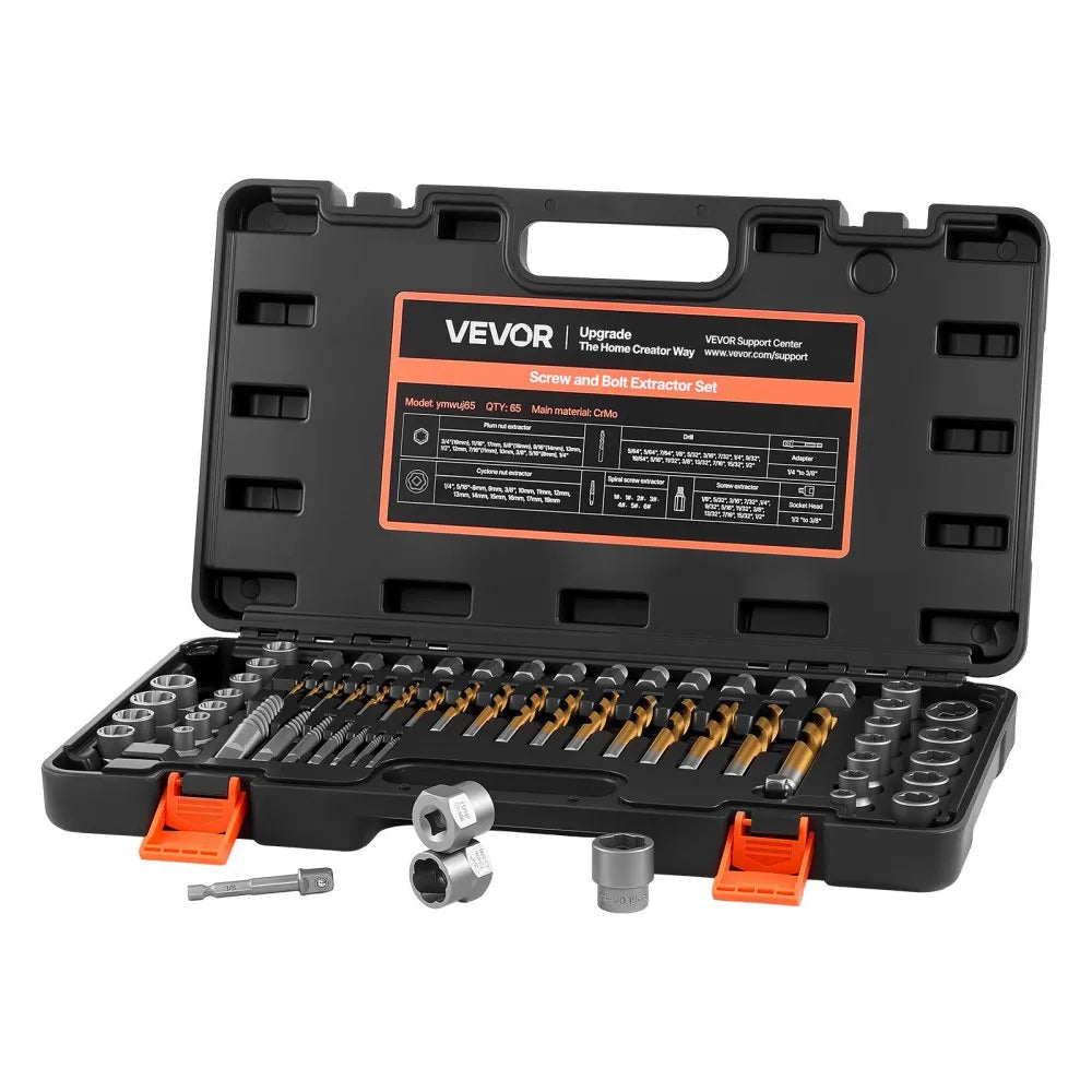 VEVOR Screw Extractor Set with Drill Bits, 65 Pieces, Easy Out Nut Bolt Extractors and Drill Bits, with Adapters, Solid Storage Case, Cr-Mo Steel for Removing Rounded, Broken, or Stripped Fasteners