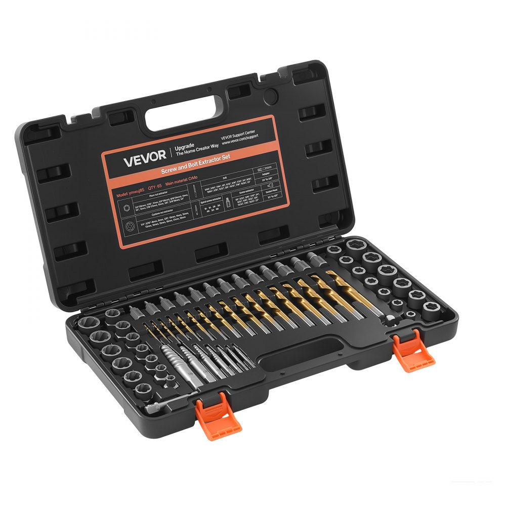 VEVOR Screw Extractor Set with Drill Bits, 65 Pieces, Easy Out Nut Bolt Extractors and Drill Bits, with Adapters, Solid Storage Case, Cr-Mo Steel for Removing Rounded, Broken, or Stripped Fasteners