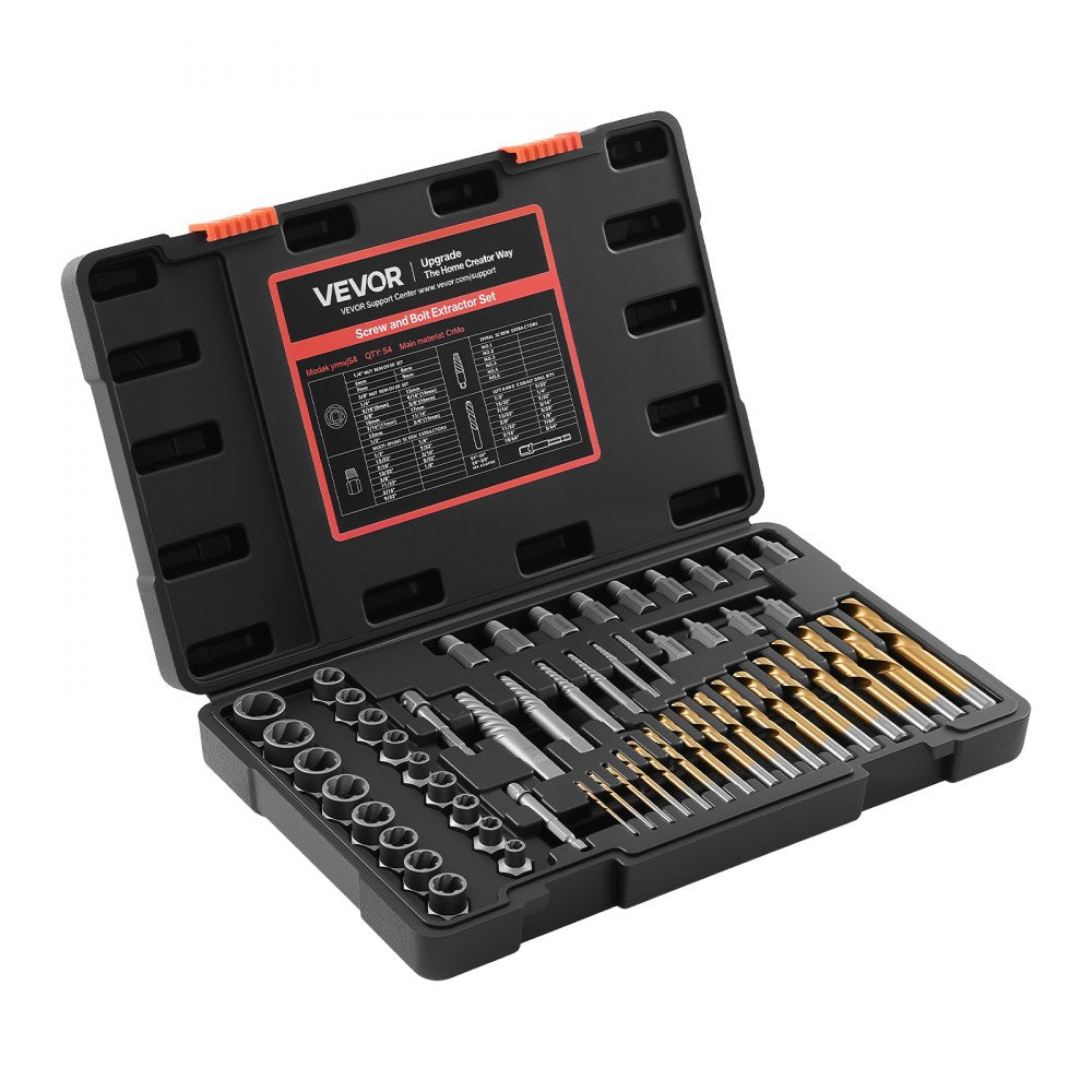 VEVOR Screw Extractor Set with Drill Bits, 54 Pieces, Easy Out Nut Bolt Extractors and Drill Bits, with Adapters, Solid Storage Case, Cr-Mo Steel for Removing Rounded, Broken, or Stripped Fasteners