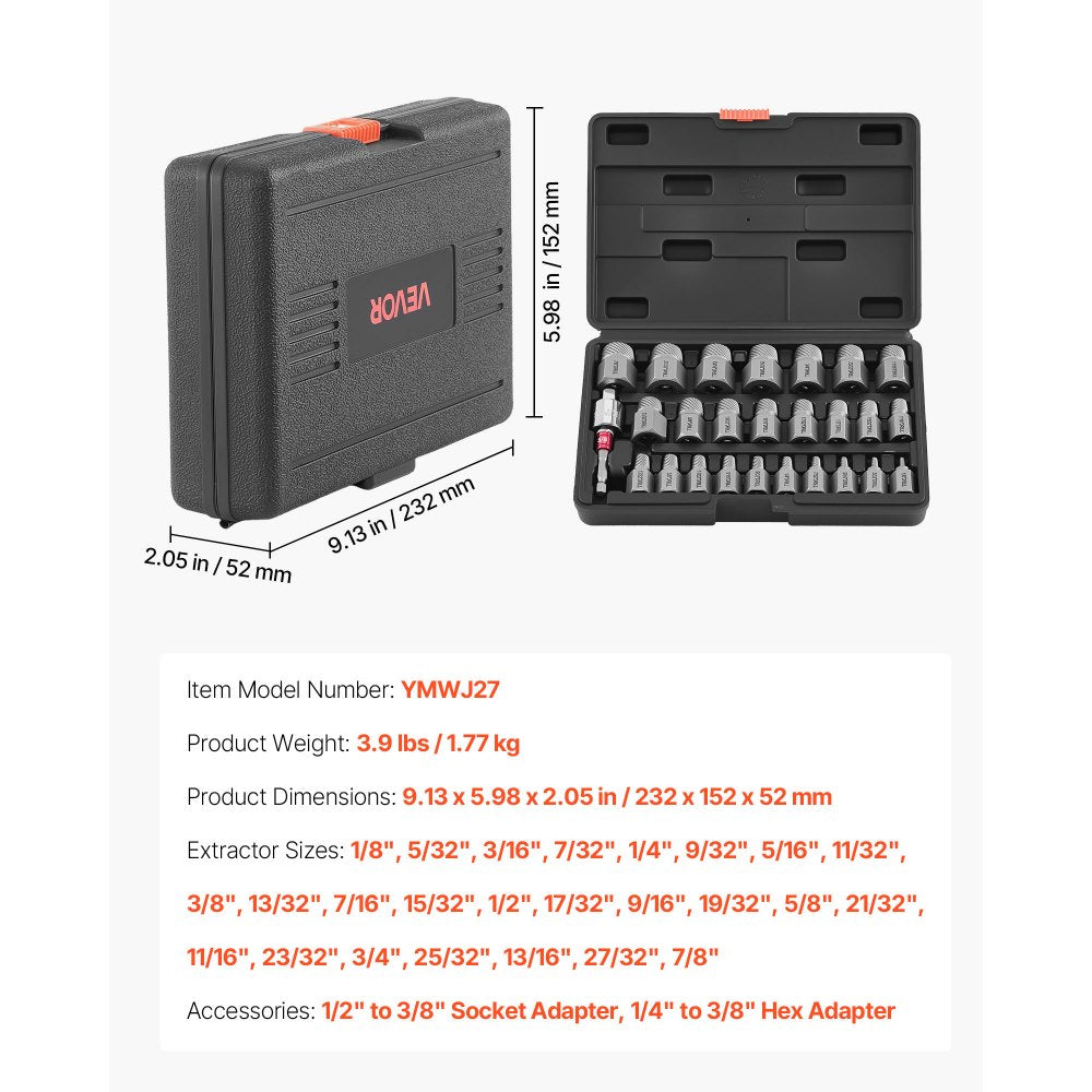 VEVOR Screw Extractor Set, 27 Pieces Hex Head Multi-Spline Easy Out Bolt Extractor Tool, with Adapters, Solid Storage Case, Cr-Mo Steel Stripped Bolt Remover for Removing Rounded, Broken Bolts, Screws