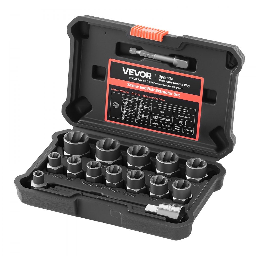VEVOR Bolt Extractor Kit, 16 Pieces Impact Bolt & Nut Remover Set with Adapters and Pin Punch, Solid Storage Case, Cr-Mo Steel for Removing Damaged, Rusted, Stripped, Rounded Bolts, Nuts and Screws