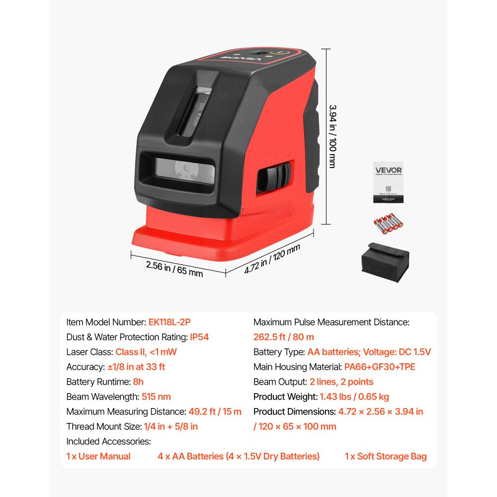 VEVOR Self Leveling Laser Level 49.2 ft, Green Cross Line 2 Spot Laser, for Picture Hanging, Tile, DIY Construction, Manual, Self-Leveling, Pulse Modes, IP54 Rated, 8H Runtime, with Storage Bag