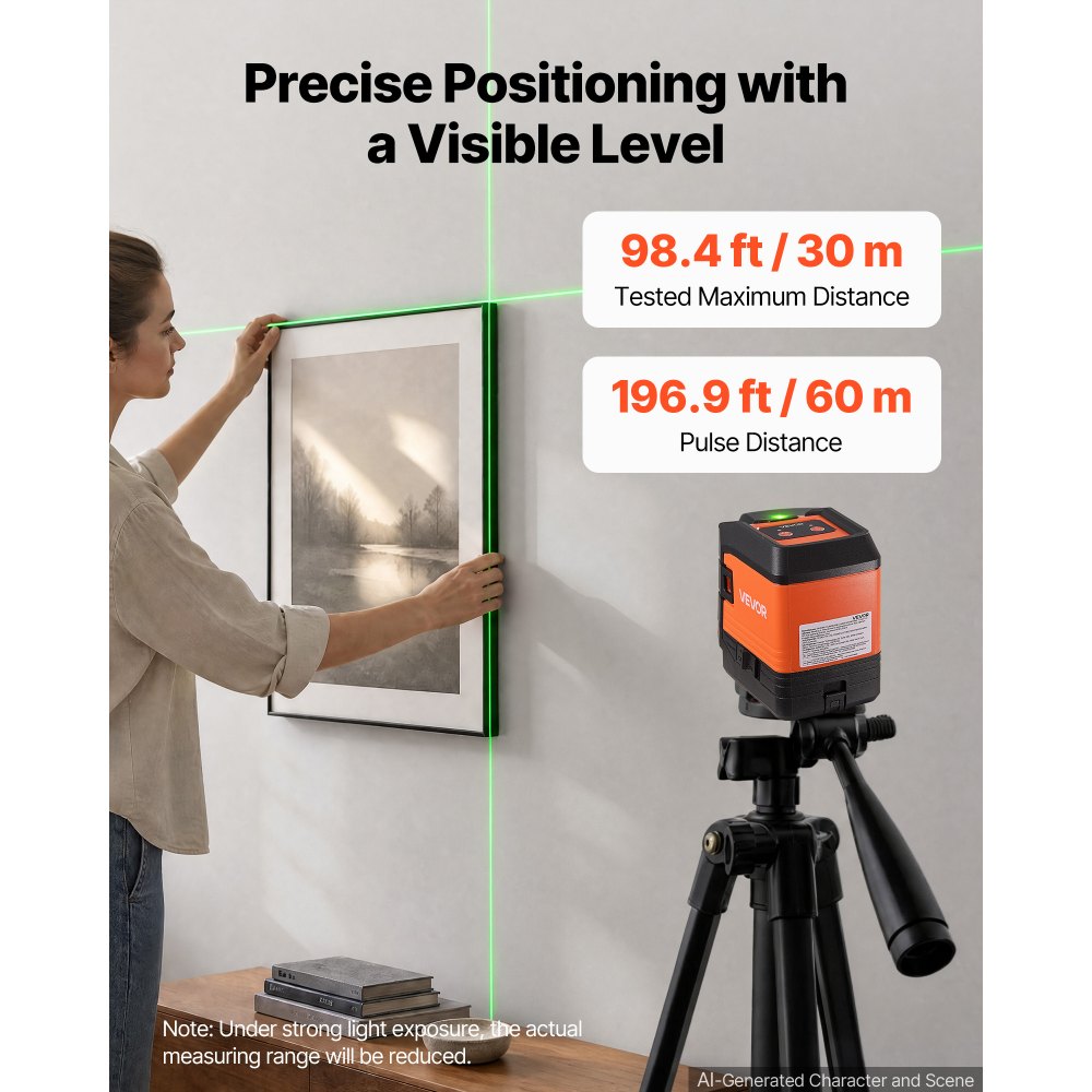 VEVOR Self Leveling Laser Level 98.4 ft Green Cross Line with 4-Point Laser, for Picture Hanging, Tile, DIY Construction, Manual, Self-Leveling, Pulse Modes, IP54 Water-Resistant, 8H Runtime, Tool Case