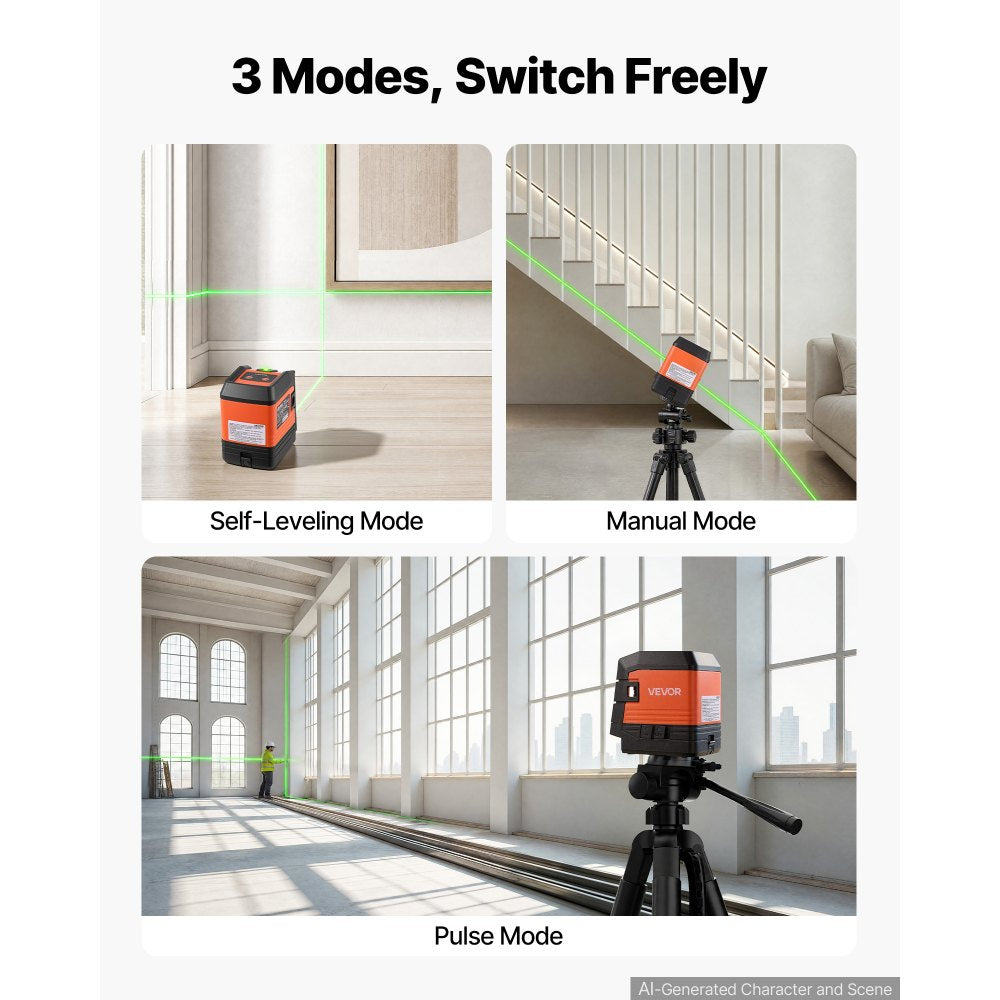VEVOR Self Leveling Laser Level 98.4 ft Green Cross Line with 4-Point Laser, for Picture Hanging, Tile, DIY Construction, Manual, Self-Leveling, Pulse Modes, IP54 Water-Resistant, 8H Runtime, Tool Case