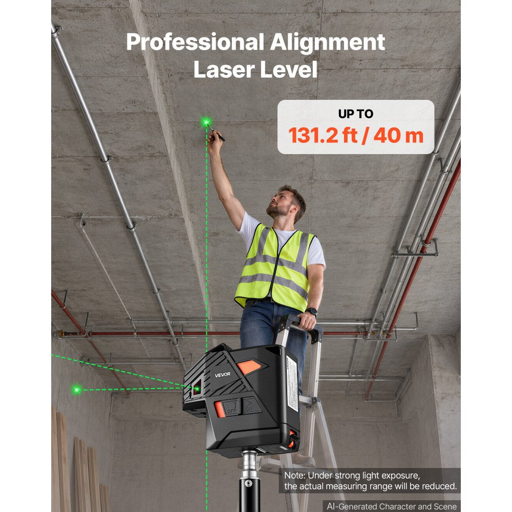 VEVOR Self Leveling Laser Level 131.2 ft Green 5-Point Laser Level Tool, for Picture Hanging, Tile & DIY Constructions, Manual & Self-Leveling Modes, IP54 Water-Resistant, 5H Runtime, Hard Case