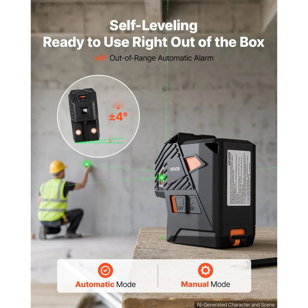 VEVOR Self Leveling Laser Level 131.2 ft Green 5-Point Laser Level Tool, for Picture Hanging, Tile & DIY Constructions, Manual & Self-Leveling Modes, IP54 Water-Resistant, 5H Runtime, Hard Case
