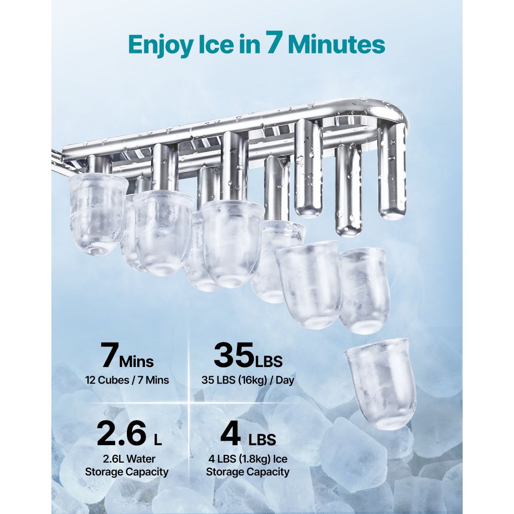 VEVOR Water Dispenser with Ice Maker, 3-in-1 Countertop Water Dispenser, 35 LBS/24H, 12 Cubes/7 Min Fast Ice Making with 4 LBS Storage, Bullet/Crushed Ices & Cold-Water, for Home, Kitchen, Party