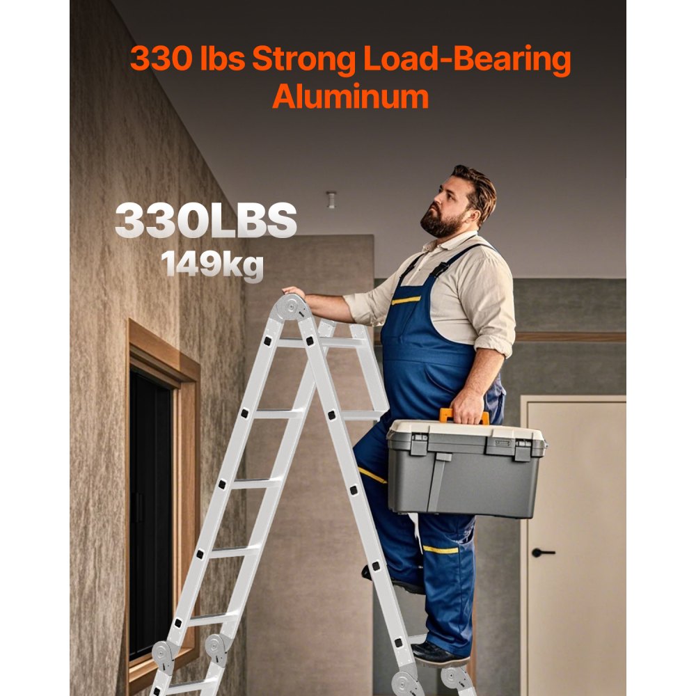 VEVOR Multi-Purpose Folding Ladder, 7-in-1 Tall Step Ladder, A Frame 3 Step Adjustable Telescoping Ladder, 12ft Reach Height Heavy Duty Extension Ladder, 330 lbs Capacity for Household Outdoor Work