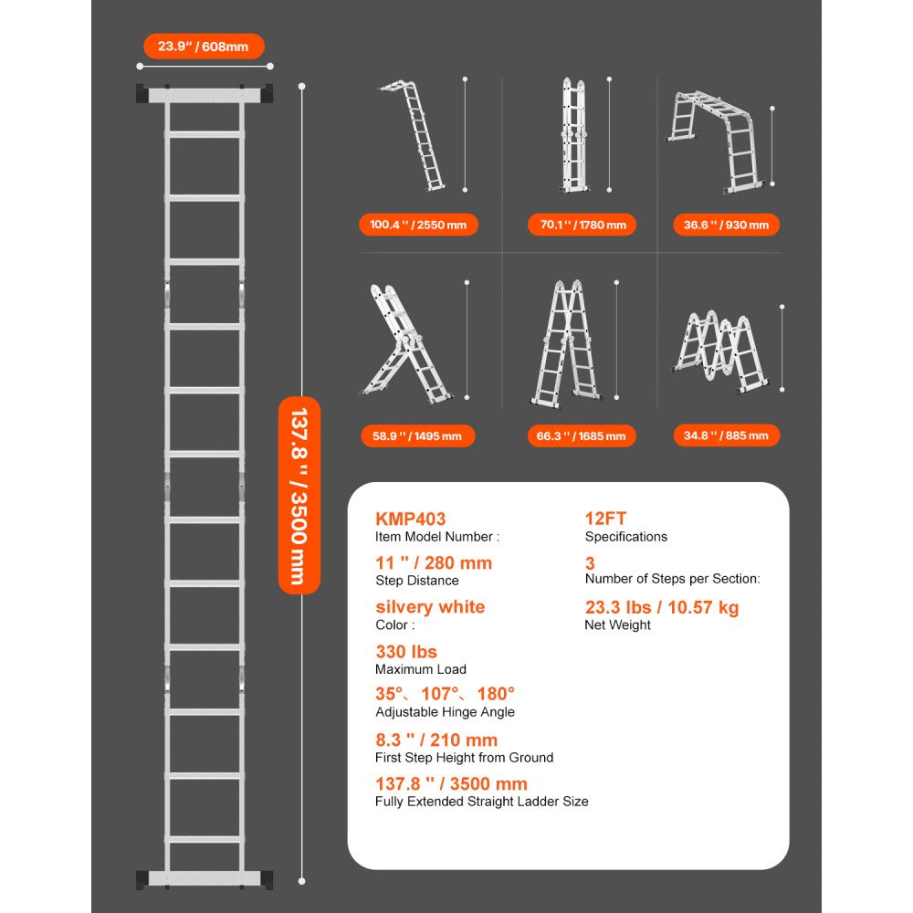 VEVOR Multi-Purpose Folding Ladder, 7-in-1 Tall Step Ladder, A Frame 3 Step Adjustable Telescoping Ladder, 12ft Reach Height Heavy Duty Extension Ladder, 330 lbs Capacity for Household Outdoor Work
