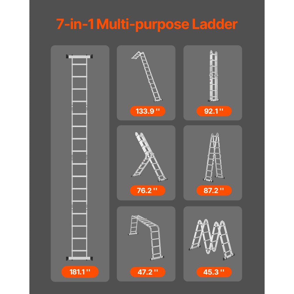 VEVOR Multi-Purpose Folding Ladder, 7-in-1 Tall Extension Step Ladder, A Frame 4 Step Telescoping Ladder, 15.5ft Reach Height Heavy Duty Adjustable Ladder, 330 lbs Capacity for Home Outdoor