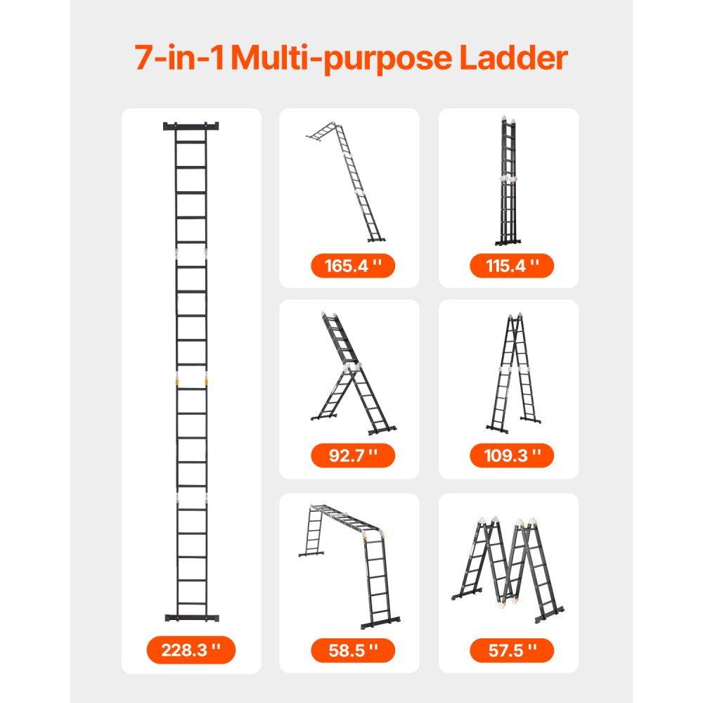 VEVOR Multi-Purpose Folding Ladder, 7-in-1 Tall Extension Step Ladder, A Frame 5 Step Telescoping Ladder, 19ft Reach Height Heavy Duty Adjustable Ladder, 330 lbs Capacity for Home Outdoor