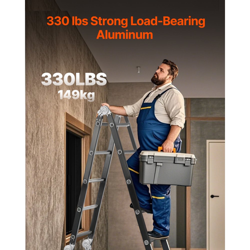 VEVOR Multi-Purpose Folding Ladder, 7-in-1 Tall Extension Step Ladder, A Frame 5 Step Telescoping Ladder, 19ft Reach Height Heavy Duty Adjustable Ladder, 330 lbs Capacity for Home Outdoor