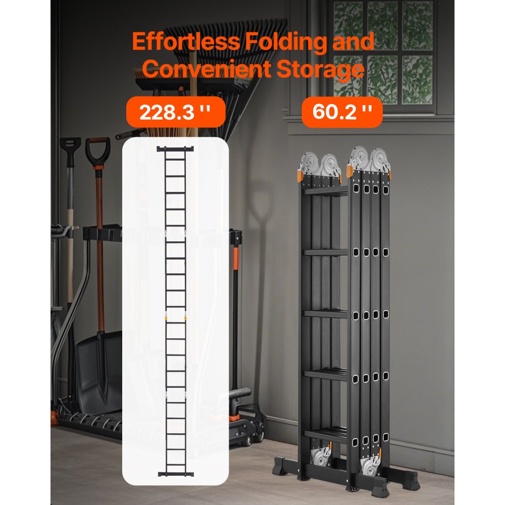 VEVOR Multi-Purpose Folding Ladder, 7-in-1 Tall Extension Step Ladder, A Frame 5 Step Telescoping Ladder, 19ft Reach Height Heavy Duty Adjustable Ladder, 330 lbs Capacity for Home Outdoor
