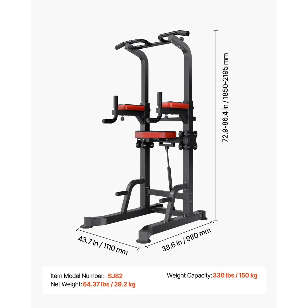 VEVOR Pull Up Bar, 330 LBS Power Tower Dip Station, Workout Dip Station with H-Shaped Stable Base & Assistance Platform, Adjustable 9 Level Height Pullup Stand for Back, 3-Level Adjustable Elbow Pads