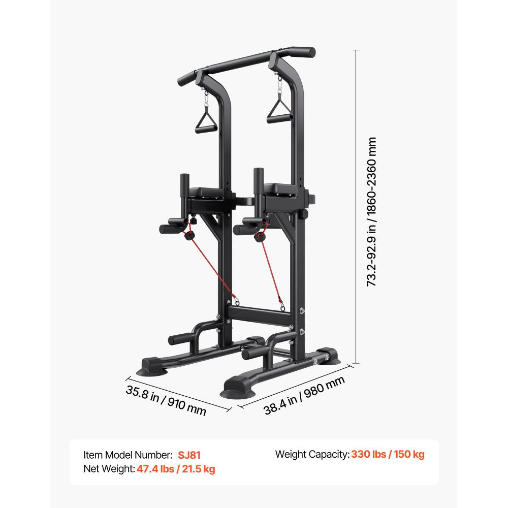 VEVOR Pull Up Bar, 330 LBS Power Tower Dip Station, Workout Dip Station with H-Shaped Stable Base & Back Pad, Adjustable 12 Level Height Free Standing Chin Up Bar for Back, 4-Level Adjustable Back Pad