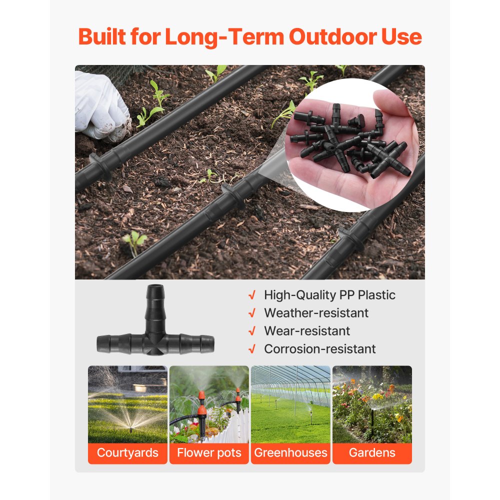 VEVOR  Drip Irrigation Fittings Kit for 1/4" Tubing, 300 Pcs Drip Irrigation System Parts, Tees, Straight Barb, 4 Way Coupling, Elbows, End Plug, Single Barbs, Barbed Connectors for Yard Garden Lawn
