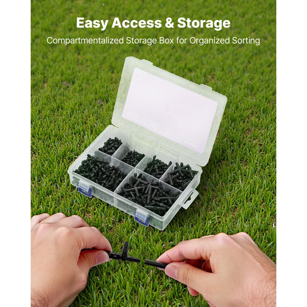 VEVOR  Drip Irrigation Fittings Kit for 1/4" Tubing, 300 Pcs Drip Irrigation System Parts, Tees, Straight Barb, 4 Way Coupling, Elbows, End Plug, Single Barbs, Barbed Connectors for Yard Garden Lawn