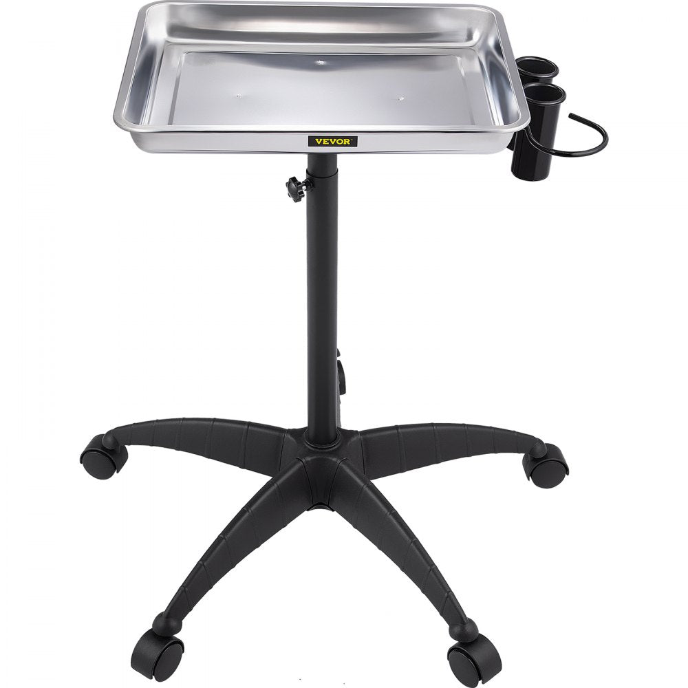VEVOR Mayo Stand Medical Tray, Height Adjustable Stainless Steel Salon Tray Easy Assemble Tattoo Cart Lab Tray with 2 Cups & 1 Metal Ring for SPA Clinic Personal Care Lab Hospital Dentistry, Silver