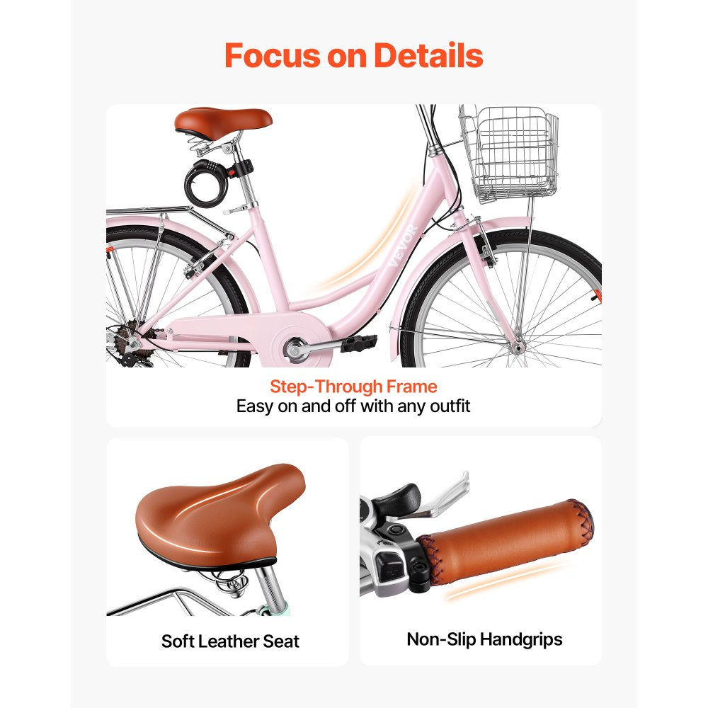 VEVOR Women Bike, 24 in Beach Cruiser Bike, 7-Speed Adult City Bicycle with Carbon Steel Frame, 330 lbs Capacity, Basket, Rear Rack & Dual V-Brakes, Pink