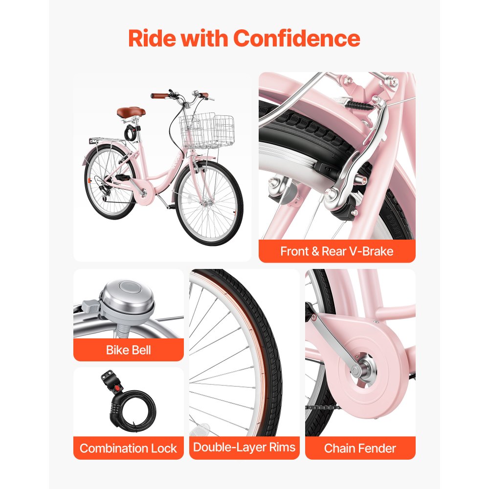 VEVOR Women Bike, 24 in Beach Cruiser Bike, 7-Speed Adult City Bicycle with Carbon Steel Frame, 330 lbs Capacity, Basket, Rear Rack & Dual V-Brakes, Pink