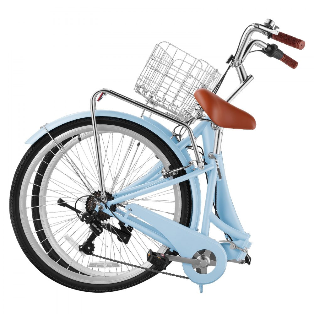 VEVOR Women Bike, 26 in Folding Beach Cruiser Bike, 7-Speed Adult City Bicycle with Steel Frame, 330 lbs Capacity, Basket, Rear Rack & Dual V-Brakes, Light Blue