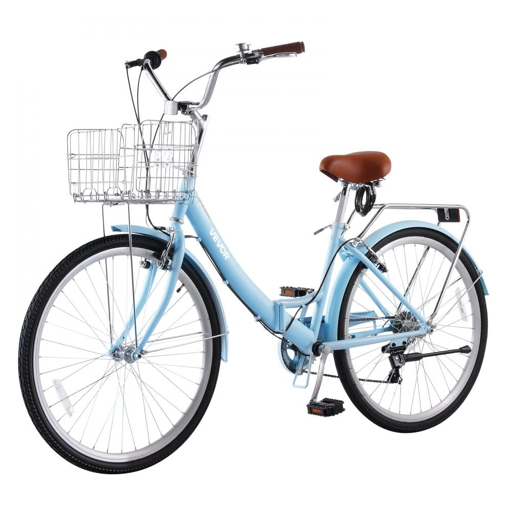 VEVOR Women Bike, 26 in Folding Beach Cruiser Bike, 7-Speed Adult City Bicycle with Steel Frame, 330 lbs Capacity, Basket, Rear Rack & Dual V-Brakes, Light Blue