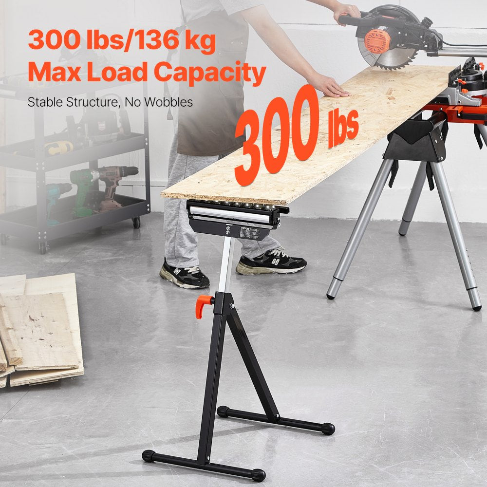 VEVOR Roller Stand, 300 lb Load Capacity, 26.8-42.5 in Adjustable Height, Folding Heavy Duty with 11.5 inch Polished Multi-directional Roller Head, for Table Saw Outfeed Woodworking Extension Support