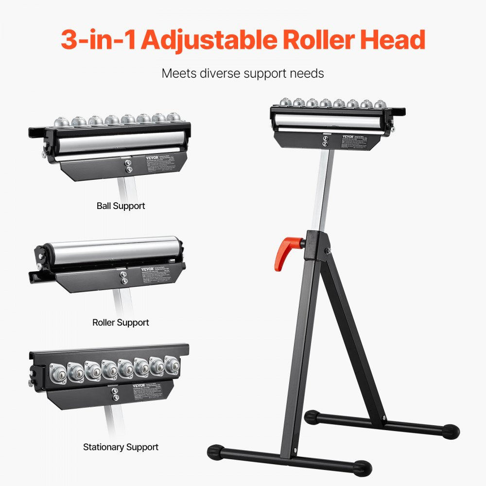 VEVOR Roller Stand, 300 lb Load Capacity, 26.8-42.5 in Adjustable Height, Folding Heavy Duty with 11.5 inch Polished Multi-directional Roller Head, for Table Saw Outfeed Woodworking Extension Support