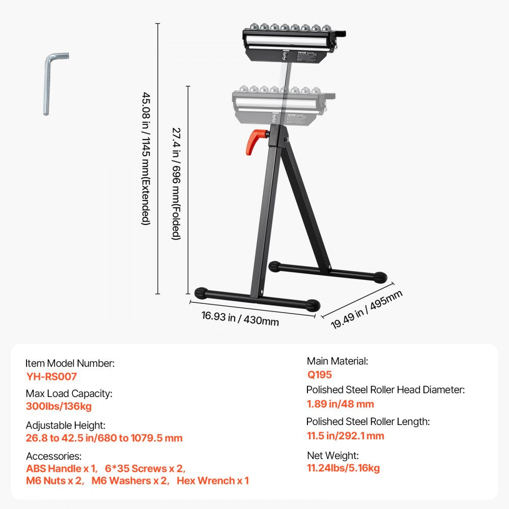 VEVOR Roller Stand, 300 lb Load Capacity, 26.8-42.5 in Adjustable Height, Folding Heavy Duty with 11.5 inch Polished Multi-directional Roller Head, for Table Saw Outfeed Woodworking Extension Support